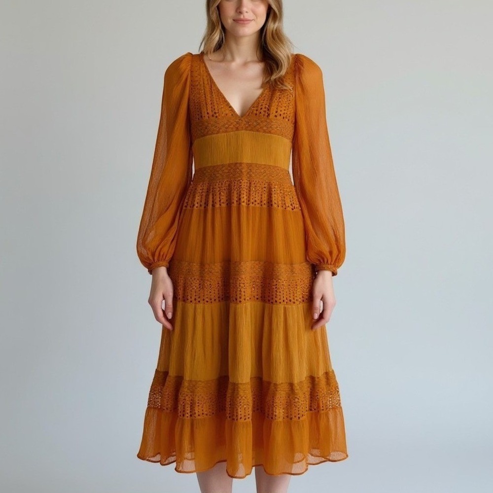 Sundance Midi Dress Womens S Rust Eyelet Lace Tiered Sheer Boho Prairie Cottage